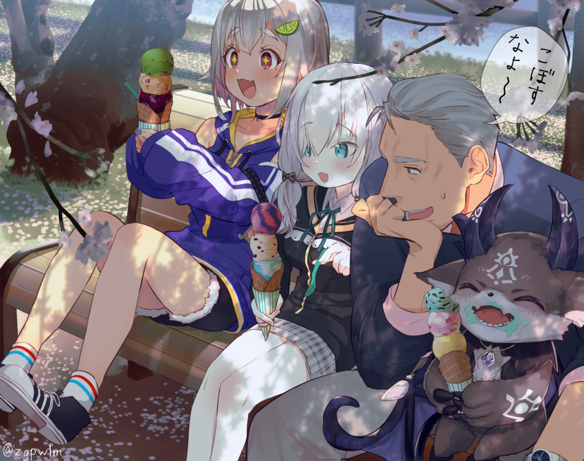 ahoge ars_almal bench choker debidebi_debiru eating eyebrows_visible_through_hair food-themed_hair_ornament grey_hair hair_ornament hayama_marin highres ice_cream_cone lime_hair_ornament maimoto_keisuke nijisanji outdoors sitting sparkling_eyes symbol-shaped_pupils thigh-highs virtual_youtuber white_hair white_legwear zgpwlm