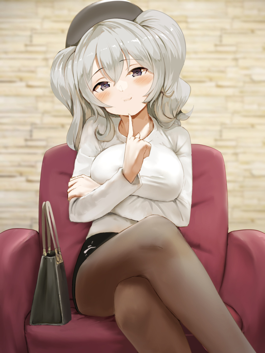1girl absurdres arm_under_breasts bag beret black_headwear black_skirt blush breasts brown_legwear closed_mouth commentary crossed_legs eyebrows_visible_through_hair finger_to_own_chin grey_eyes hair_between_eyes handbag hat highres honmakaina_kudou kantai_collection kashima_(kancolle) large_breasts long_hair long_sleeves looking_at_viewer pantyhose shirt silver_hair sitting skirt smile solo twintails white_shirt