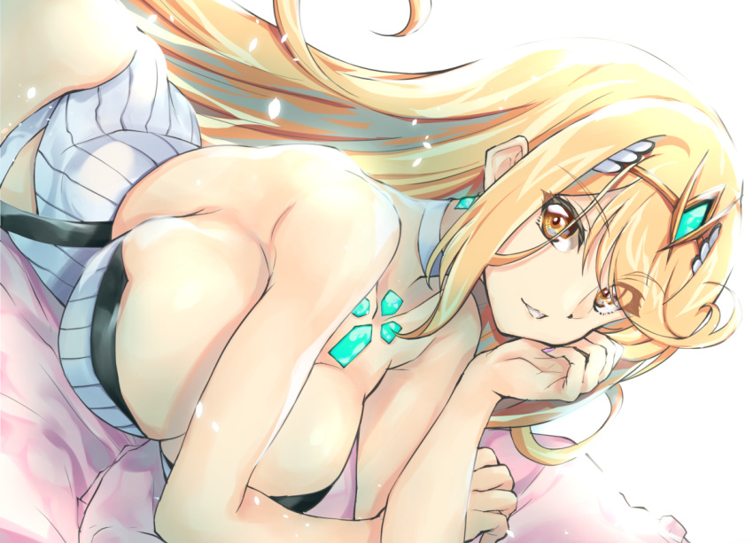 1girl bangs blonde_hair breasts casual_one-piece_swimsuit chest_jewel earrings gem headpiece jewelry large_breasts long_hair mythra_(radiant_beach)_(xenoblade) one-piece_swimsuit solo strapless strapless_swimsuit striped striped_swimsuit swept_bangs swimsuit tiara two-tone_swimsuit vertical-striped_swimsuit vertical_stripes very_long_hair white_swimsuit wochi xenoblade_chronicles_(series) xenoblade_chronicles_2 yellow_eyes