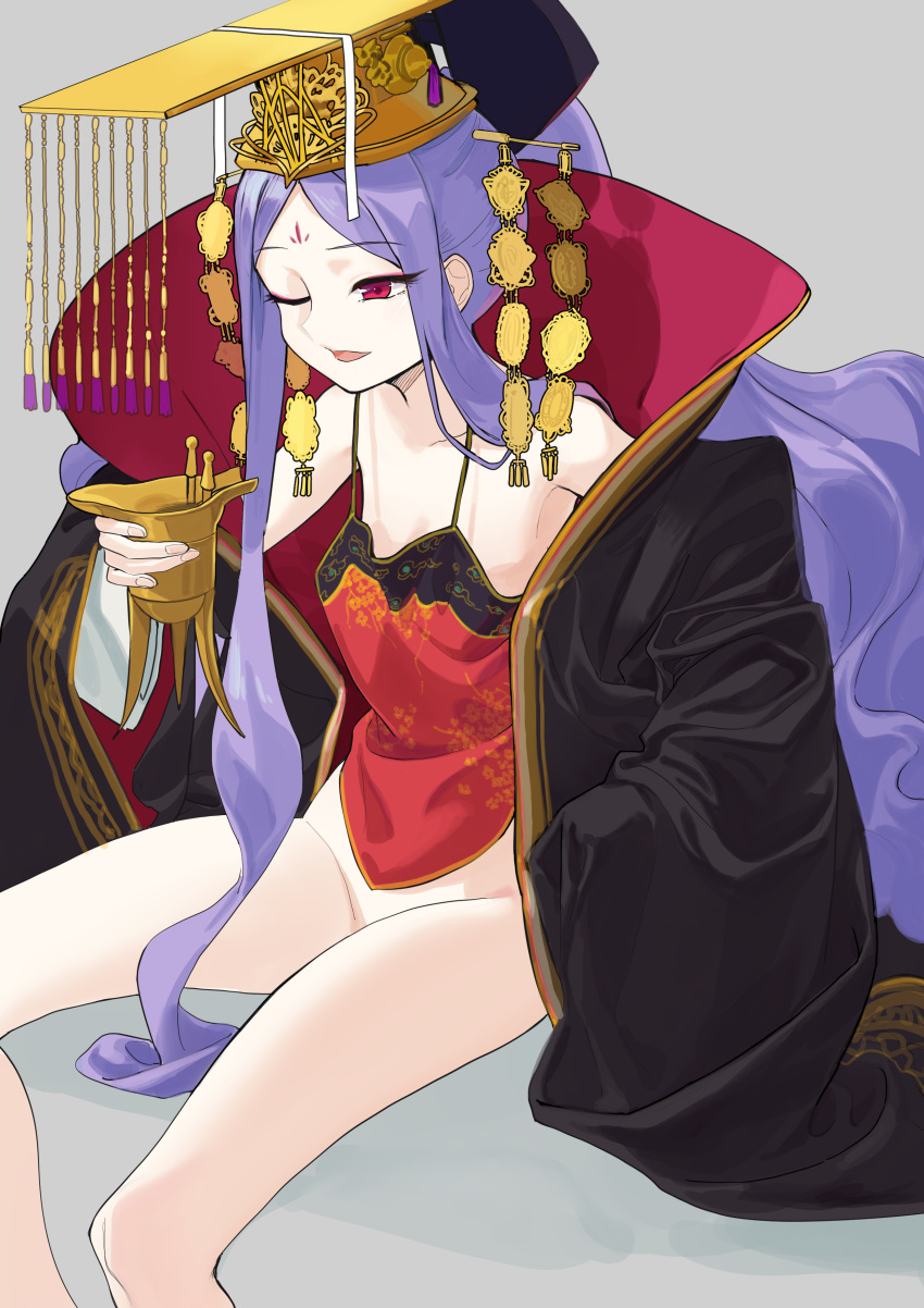 1girl absurdres bangs bare_shoulders black_robe camisole chinese_clothes crown cup facial_mark fate/grand_order fate_(series) feet_out_of_frame flat_chest forehead_mark gold_trim grey_background guan_hat hair_ornament hair_stick hanfu highres holding holding_cup kaede_(shijie_heping) long_hair mian_guan one_eye_closed parted_bangs parted_lips ponytail purple_hair red_eyes robe sidelocks simple_background sitting solo very_long_hair wide_sleeves wu_zetian_(fate)