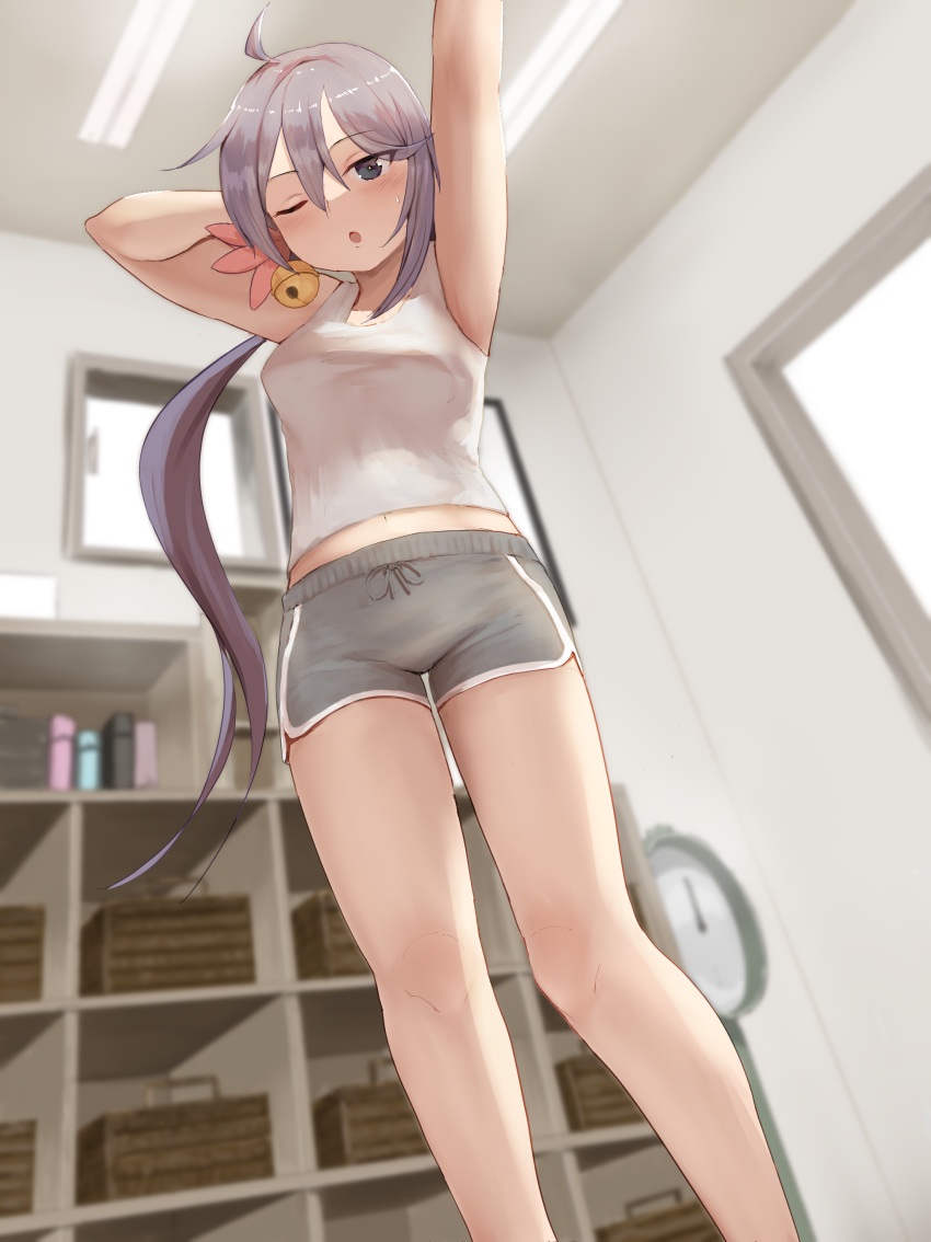 1girl absurdres ahoge akebono_(kancolle) alternate_costume basket bell black_eyes breasts casual feet_out_of_frame flower from_behind grey_hair grey_shorts hair_bell hair_flower hair_ornament highres honmakaina_kudou jingle_bell kantai_collection long_hair looking_at_viewer medium_breasts midriff_peek one_eye_closed shelf shorts side_ponytail solo standing tank_top very_long_hair weighing_scale white_tank_top window