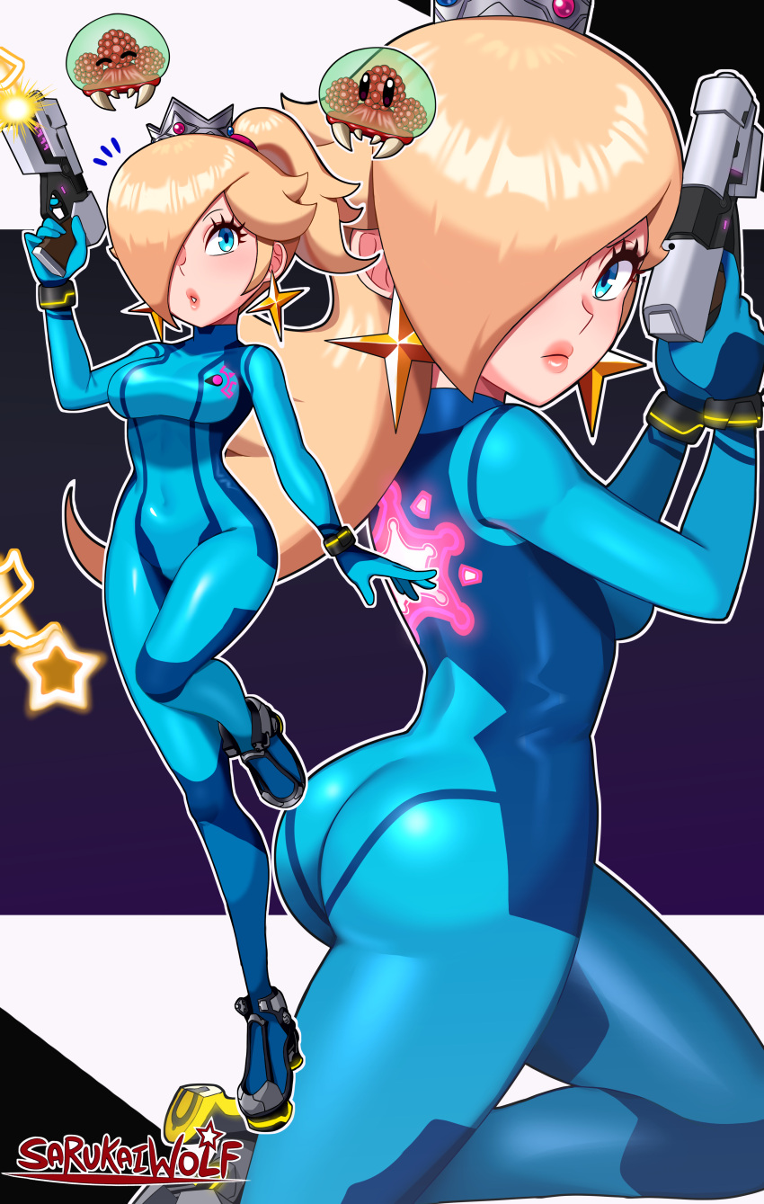 1girl absurdres artist_name ass blonde_hair blue_eyes bodysuit breasts company_connection cosplay crown english_commentary fusion gun hair_over_one_eye high_heels highres impossible_bodysuit impossible_clothes luma_(mario) metroid metroid_(creature) mini_crown ponytail rosalina samus_aran samus_aran_(cosplay) sarukaiwolf super_mario_bros. super_mario_galaxy weapon zero_suit