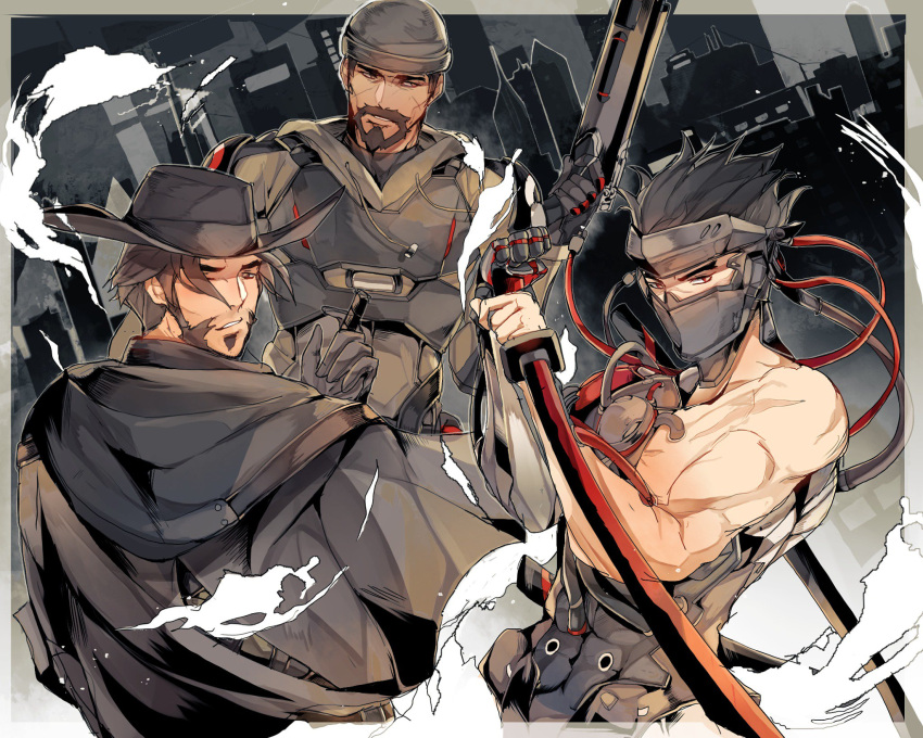 3boys beard biceps black_hair blackwatch_cassidy blackwatch_genji blackwatch_reyes brown_eyes brown_hair cassidy_(overwatch) chest_plate city coat cowboy_hat dark-skinned_male dark_skin facial_hair genji_(overwatch) gloves gun hat helmet highres hood hoodie katana laulaubi looking_at_viewer looking_to_the_side male_focus mature_male mechanical_parts multiple_boys muscular muscular_male outdoors overwatch prosthesis prosthetic_arm reaper_(overwatch) red_eyes scar scar_on_arm scar_on_chest scar_on_face scarf shirt short_hair shoulder_pads spiky_hair sword tube upper_body weapon