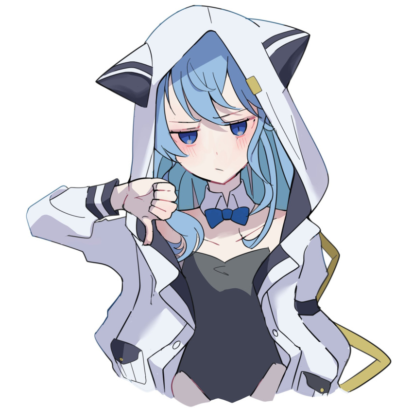 1girl animal_ears bangs blue_eyes blue_hair blush bow bowtie collar eyebrows_visible_through_hair flat_chest frown highres hololive hood hooded_jacket hoshimachi_suisei jacket letterman_jacket long_hair looking_at_viewer nagahisa playboy_bunny pocket sketch solo standing thumbs_down white_background white_jacket