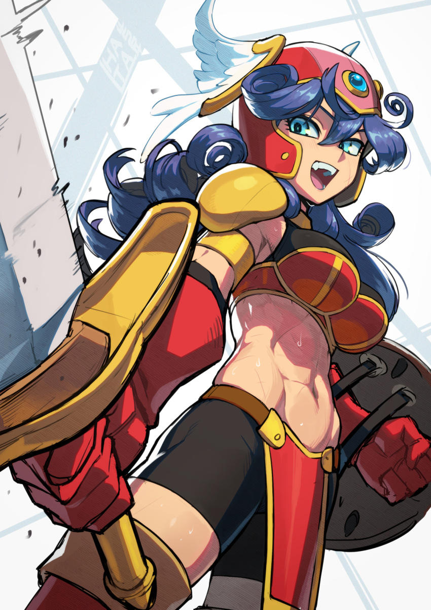 1girl armor bangs bike_shorts bikini_armor black_shorts blue_eyes blue_hair dragon_quest dragon_quest_iii gloves hata4564 head_wings helmet highres holding holding_shield long_hair midriff navel open_mouth pelvic_curtain red_gloves shield shorts shoulder_armor smile soldier_(dq3) solo sweat