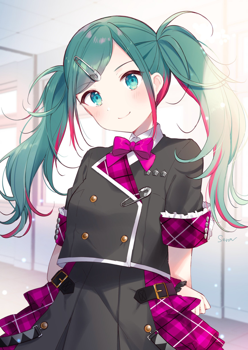 1girl absurdres arms_behind_back bangs black_jacket black_skirt bow bowtie buttons colored_tips commentary double-breasted green_eyes green_hair hatsune_miku highres indoors jacket leo/need_(project_sekai) long_hair multicolored_hair paperclip_hair_ornament plaid plaid_skirt project_sekai purple_bow purple_bowtie purple_skirt redhead school_uniform shiino_sera short_sleeves sidelocks signature skirt smile solo streaked_hair swept_bangs twintails vocaloid