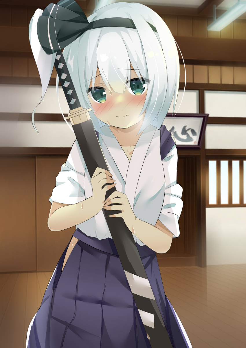 1girl 9150namihana absurdres blue_eyes bob_cut breasts grey_hakama grey_skirt hakama hakama_skirt highres indoors japanese_clothes katana kimono konpaku_youmu sheath sheathed short_hair silver_hair skirt small_breasts solo sword touhou weapon white_kimono