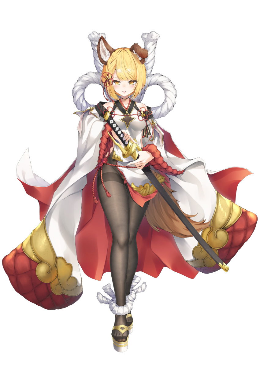 1girl absurdres animal_ears bangs bare_shoulders black_legwear blonde_hair blush breasts cape clothing_cutout dog_ears dog_girl dog_tail dress eyebrows_visible_through_hair full_body granblue_fantasy hair_ornament highres holding holding_sword holding_weapon hyouta_(yoneya) katana lips looking_at_viewer pantyhose parted_lips rope sandals sheath shimenawa short_eyebrows short_hair shoulder_cutout small_breasts solo sword tachi-e tail thighband_pantyhose vajra_(granblue_fantasy) weapon white_background white_dress wide_sleeves