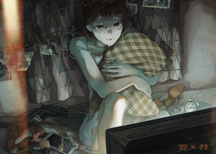 1girl alarm_clock bag belt belt_removed black_hair bottle cellphone clock clothes_pin crying crying_with_eyes_open dated handbag high_heels highres indoors makeup night object_hug original pajamas pale_skin phone photo_(object) pillow pillow_hug sakura_inu_(itoyatomo) shoes shoes_removed short_hair sitting smartphone solo tears television