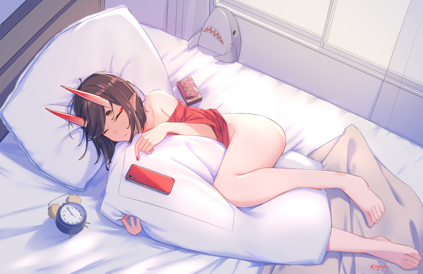1girl absurdres bangs bed bob_cut breasts closed_eyes eyeliner fate/grand_order fate_(series) highres horns lying makeup no_bra no_panties on_bed on_side oni oni_horns pillow purple_hair sawarineko short_hair shuten_douji_(fate) skin-covered_horns sleeping small_breasts thighs
