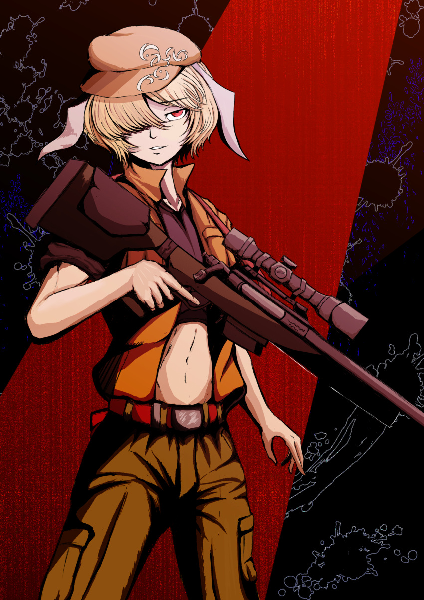 1girl absurdres animal_ears belt belt_buckle bolt_action buckle cabbie_hat cargo_pants cowboy_shot cropped_legs dark_background flat_cap floppy_ears formal gun hat highres light_smile midriff navel open_clothes open_shirt orange_hair orange_shirt pants rabbit_ears red_eyes rifle ringo_(touhou) scope shirt sleeves_rolled_up sniper_rifle solo splatter spotlight stomach touhou trigger_discipline undershirt vest weapon weedhollow_(dokuran)