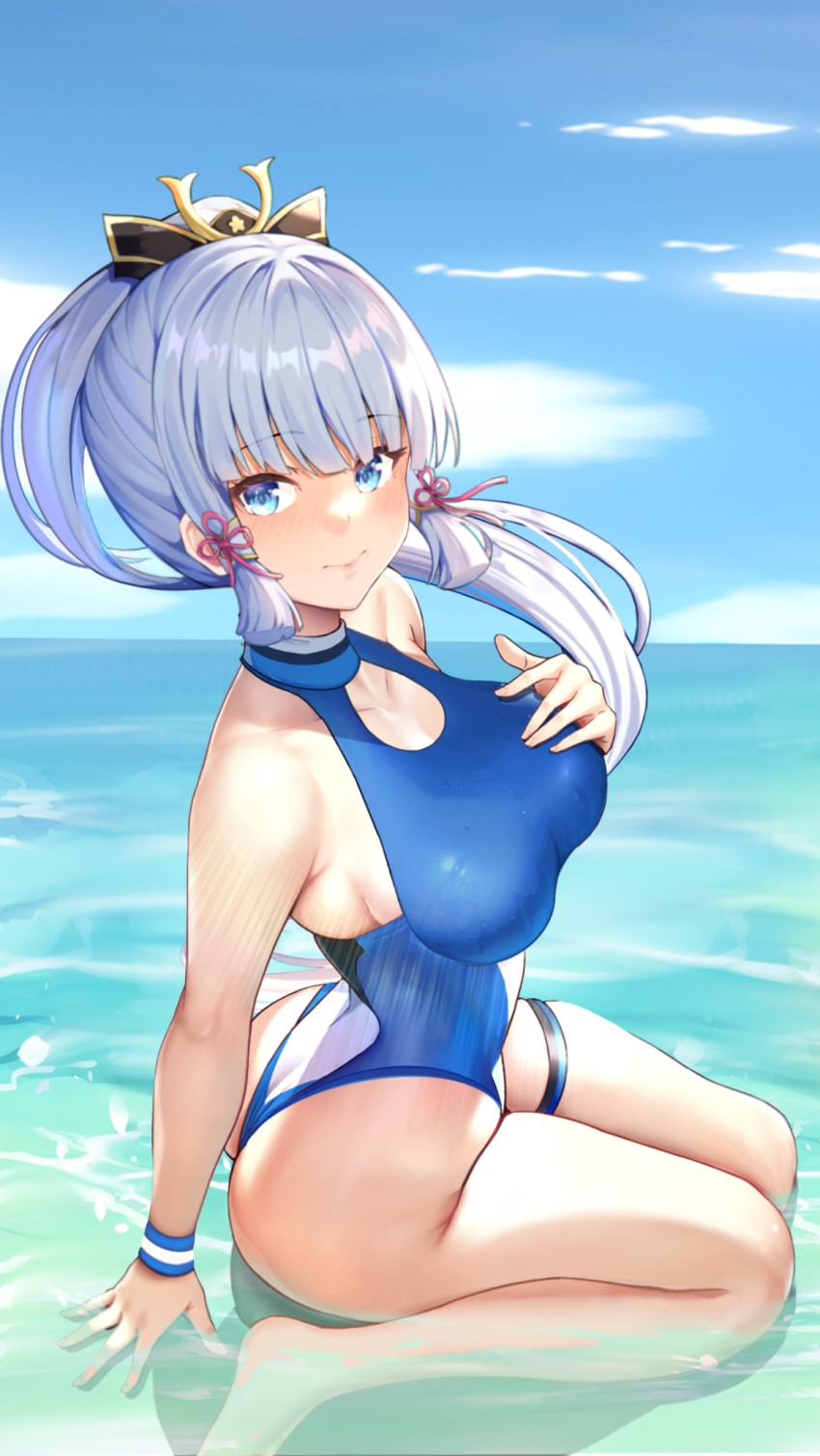 1girl ass bangs blue_eyes blue_sky blue_swimsuit blunt_bangs blush breasts chinese_commentary closed_mouth floating_hair from_side genshin_impact hair_ornament hair_ribbon hand_on_own_chest highres kamisato_ayaka large_breasts long_hair niduannowu ponytail ribbon silver_hair sitting sky soaking_feet solo swimsuit thigh_strap thighs tress_ribbon wariza water wristband