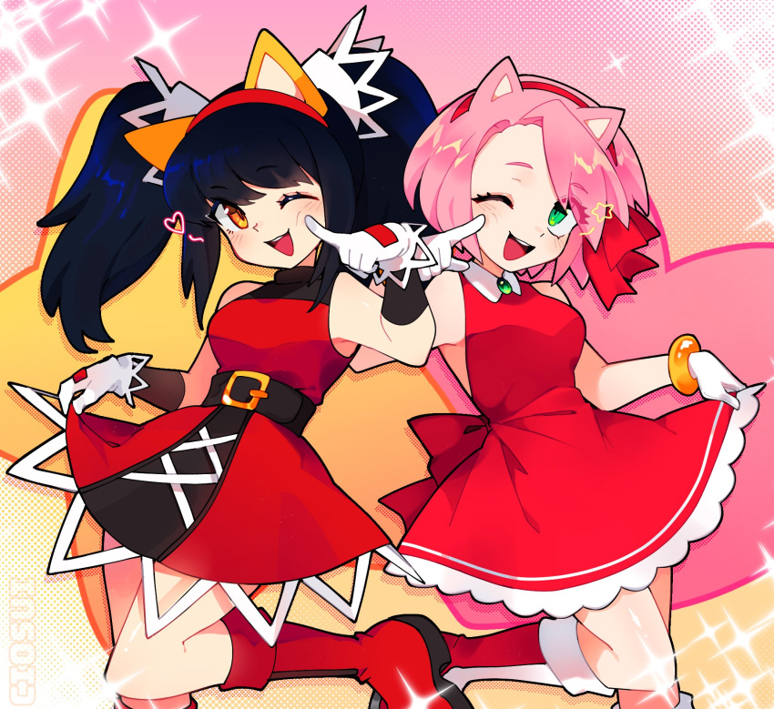 2girls ;d amy_rose animal_ears bangs bare_shoulders belt black_hair blush boots bracelet cat_ears ciosuii clothes_lift dress dress_lift gloves green_eyes hairband heart highres honey_the_cat humanization jewelry long_hair multiple_girls one_eye_closed open_mouth orange_eyes pink_hair red_dress red_footwear red_hairband short_hair smile sonic_(series) white_gloves