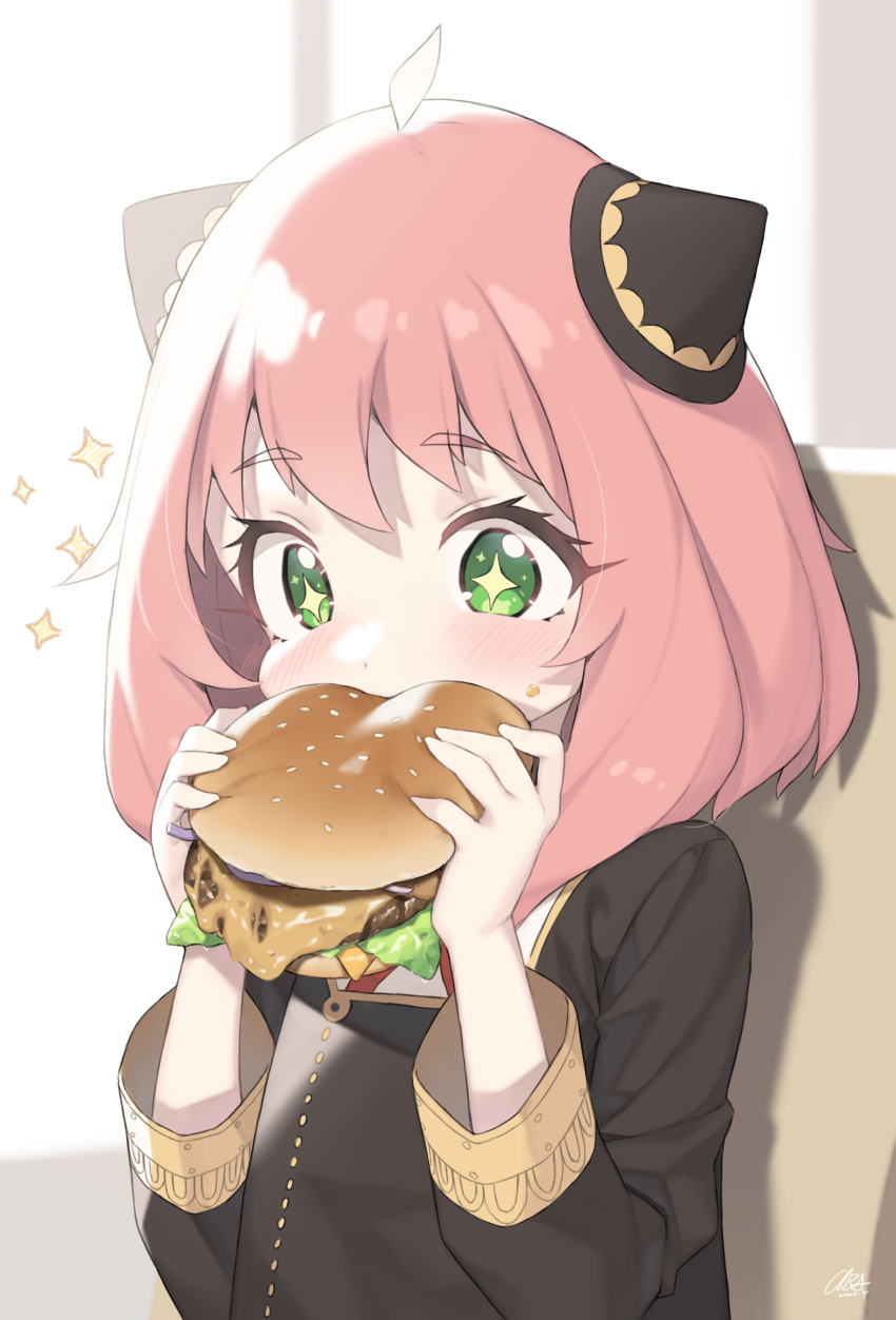 +_+ 1girl absurdres ahoge animal_ears anya_(spy_x_family) bangs black_jacket blazer blush bow burger cat_ears cheese cloba eating eyebrows_visible_through_hair food food_on_face green_eyes hands_up highres holding holding_food jacket lettuce long_sleeves pink_hair school_uniform short_hair signature solo sparkle sparkling_eyes spy_x_family symbol-only_commentary symbol-shaped_pupils upper_body