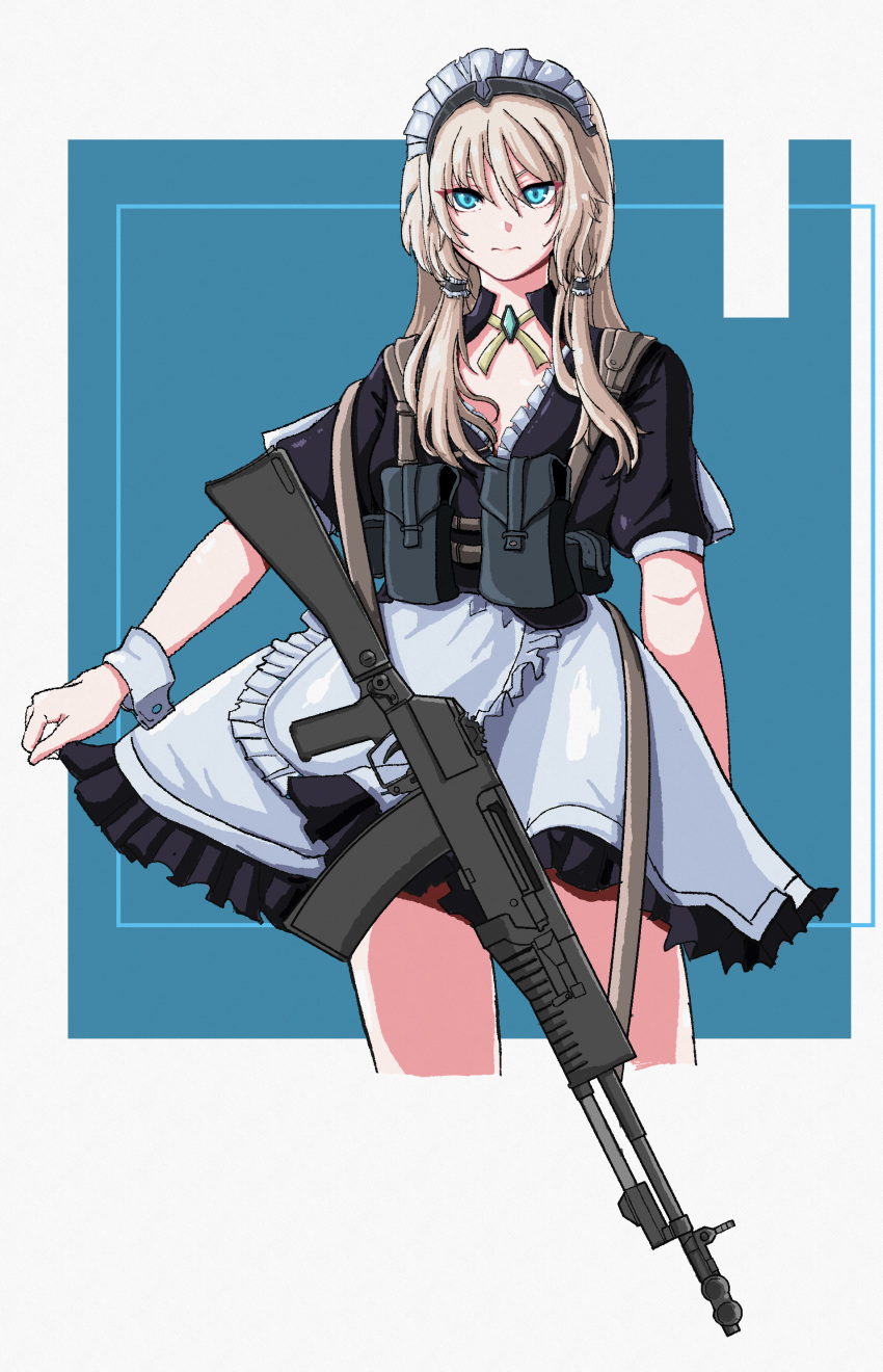 1girl absurdres alternate_costume an-94 an-94_(girls'_frontline) apron arm_behind_back assault_rifle bangs blonde_hair breasts closed_mouth clothes_lift cropped_legs defy_(girls'_frontline) dress dress_lift enmaided eyebrows_visible_through_hair girls_frontline gskittles gun hair_ornament hairclip highres holding holding_gun holding_weapon light_blue_eyes long_hair looking_at_viewer maid maid_headdress rifle simple_background small_breasts solo standing weapon white_apron