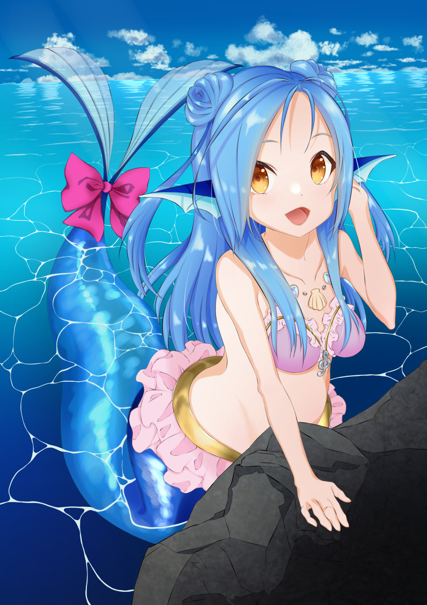 1girl :d absurdres bikini bikini_skirt blue_hair blue_sky bow brown_eyes clouds collarbone commentary_request commission double_bun head_fins highres looking_at_viewer mermaid monster_girl ocean open_mouth original outdoors partially_submerged pink_bikini pink_bow rock sky smile solo swimsuit u_yudu water