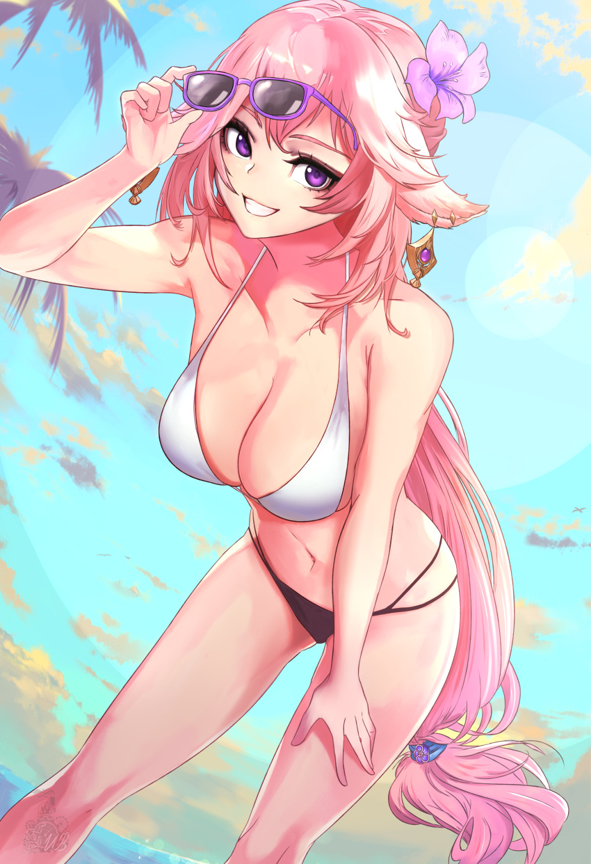 1girl absurdres adjusting_eyewear animal_ears bangs bare_arms bare_shoulders bikini breasts commentary_request feet_out_of_frame flower fox_ears genshin_impact grin hair_flower hair_ornament hand_up highres large_breasts leaning_forward long_hair looking_at_viewer low-tied_long_hair navel pink_flower pink_hair smile solo standing stomach sunglasses swimsuit thighs unstableboiler very_long_hair violet_eyes white_bikini yae_miko