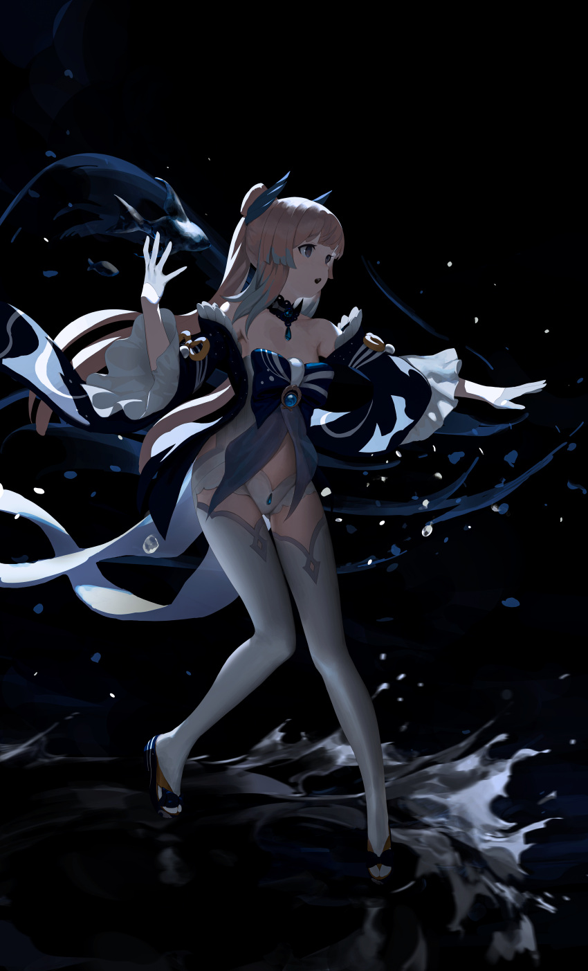 1girl :o absurdres bare_shoulders black_background black_eyes blue_bow blue_hair blue_sleeves bow bow-shaped_hair breasts brooch commentary detached_collar detached_sleeves egk513 fish frilled_sleeves frills full_body genshin_impact gloves hair_ornament half_gloves hand_up highres jewelry legs long_hair looking_to_the_side multicolored_hair open_mouth outstretched_arm pink_hair ponytail sangonomiya_kokomi shirt small_breasts solo standing strapless striped striped_bow thigh-highs two-tone_hair vision_(genshin_impact) water water_drop white_gloves white_legwear white_shirt zouri