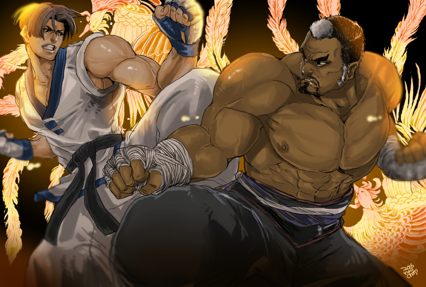 abs bangs bare_pectorals bare_shoulders beard belt biceps black_belt brown_eyes brown_hair buzz_cut cowboy_shot curtained_hair dark_skin dobok facial_hair fatal_fury fingerless_gloves fingernails gang-il gloves goatee hand_on_own_chin highres kim_kaphwan large_pectorals long_sideburns looking_at_viewer male_focus mature_male multicolored_hair muscular muscular_male naochim parted_lips pectoral_cleavage pectorals short_hair sideburns simple_background smile smirk solo standing stroking_own_chin the_king_of_fighters topless_male veins very_short_hair white_background white_gloves