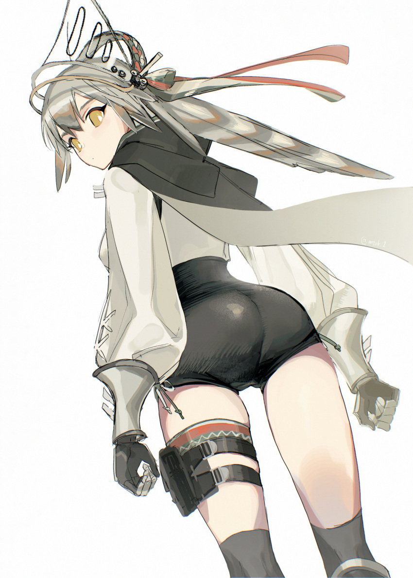 1girl arknights ass asymmetrical_gloves bangs black_cape black_gloves black_legwear black_shorts bright_pupils cape closed_mouth eyebrows_visible_through_hair fartooth_(arknights) feather_hair feet_out_of_frame from_behind gloves grey_gloves high-waist_shorts highres long_sleeves looking_at_viewer looking_back matsuoka_(mtok_0) mismatched_gloves puffy_long_sleeves puffy_sleeves shorts solo standing thigh_strap thighs visor_cap yellow_eyes