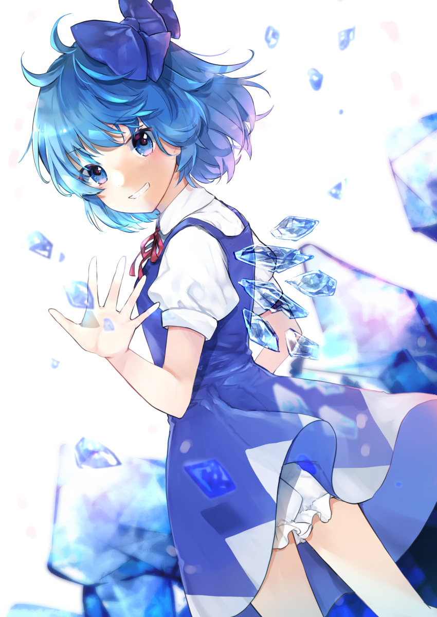 1girl absurdres bloomers blue_bow blue_dress blue_eyes blue_hair bow cirno cowboy_shot dress grin hair_bow highres ice ice_wings looking_at_viewer puffy_short_sleeves puffy_sleeves red_ribbon ribbon shirt short_hair short_sleeves smile solo touhou underwear white_background wings yurara_(aroma42enola)