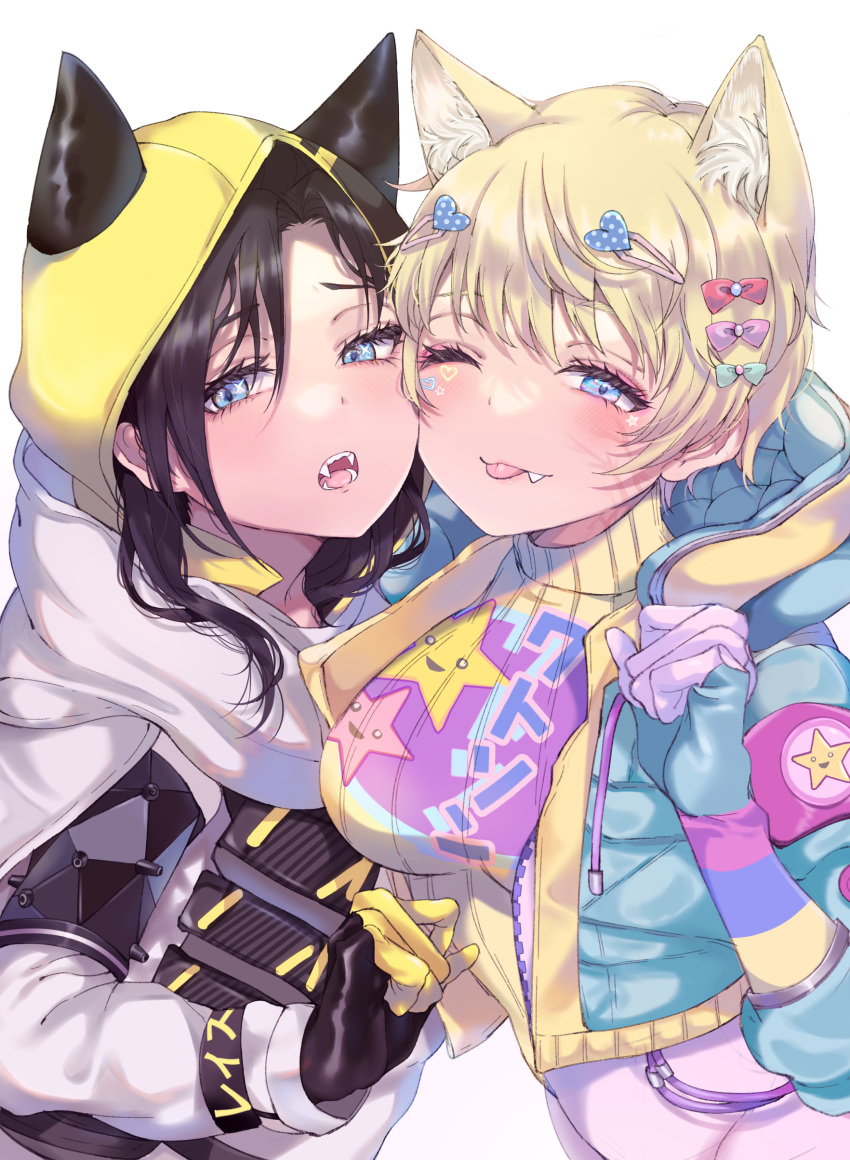 2girls ;p absurdres animal_ear_fluff animal_ears apex_legends bangs black_gloves black_hair blonde_hair blue_eyes blue_gloves blue_jacket blush bodysuit bow breasts cheek-to-cheek closed_mouth commentary_request cropped_jacket drawstring eyebrows_visible_through_hair facial_mark fang fang_out fangs gloves green_bow hair_between_eyes hair_bow hair_ornament hairclip heads_together heart heart_hair_ornament highres hood hood_down hood_up hooded_jacket jacket kayanogura kemonomimi_mode long_sleeves looking_at_viewer medium_breasts multiple_girls one_eye_closed open_clothes open_jacket open_mouth parted_bangs pink_bow red_bow shirt simple_background smile sweater tongue tongue_out turtleneck turtleneck_sweater wattson_(apex_legends) white_background white_bodysuit white_shirt wraith_(apex_legends) yellow_sweater