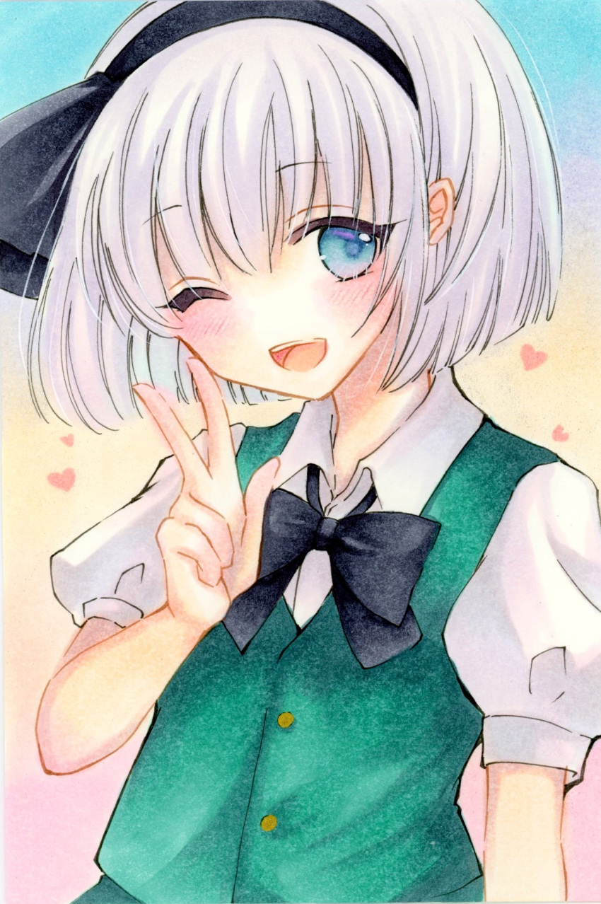 1girl bangs black_bow black_bowtie black_hairband black_ribbon blue_background blue_eyes blush bow bowtie buttons collared_shirt commentary_request dress eyebrows_visible_through_hair eyelashes eyes_visible_through_hair green_dress hair_between_eyes hairband hand_up heart highres konpaku_youmu looking_to_the_side marker_(medium) multicolored_background one_eye_closed open_mouth pink_background puffy_short_sleeves puffy_sleeves ribbon shirt short_hair short_sleeves silver_hair smile solo teeth tongue touhou traditional_media v white_shirt yellow_background yuuki_hana_(jtnp5334)