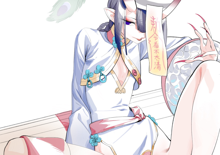 1girl absurdres chinese_clothes cleavage_cutout clothes_lift clothing_cutout dress eyeliner fate/grand_order fate_(series) fingernails flat_chest hair_rings hat highres horns jiangshi jiangshi_costume kaede_(shijie_heping) looking_at_viewer makeup ofuda oni oni_horns out-of-frame_censoring pelvic_curtain pelvic_curtain_lift pointy_ears purple_hair qing_guanmao red_nails sharp_fingernails shuten_douji_(fate) shuten_douji_(festival_outfit)_(fate) simple_background sitting sketch skin-covered_horns solo spread_legs tongue tongue_out very_long_fingernails violet_eyes white_background wide_sleeves