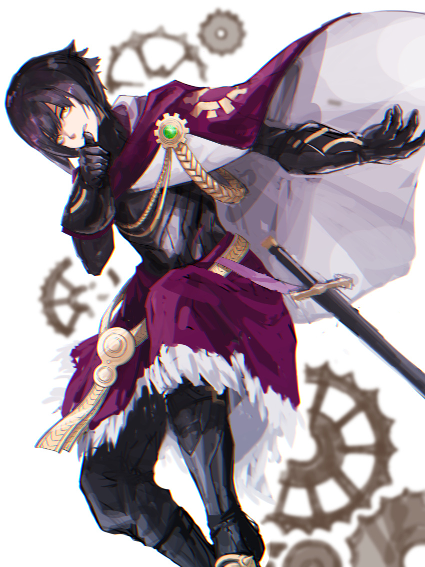1boy absurdres bangs black_footwear black_gloves black_hair cape fire_emblem fire_emblem_heroes gears gloves hair_between_eyes highres otr_(fire_emblem) purple_cape semito310 short_hair solo sword thumb_to_mouth weapon white_background yellow_eyes