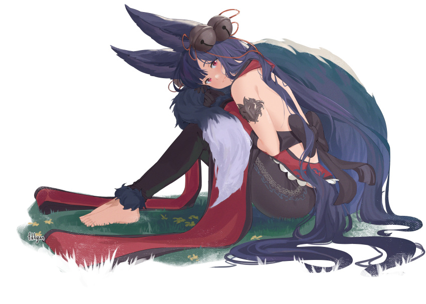 1girl absurdres animal_ears armlet artist_name bare_shoulders barefoot black_hair blush bow commission erune fikkyun flower fox_ears fox_girl fox_tail granblue_fantasy grass highres large_bow looking_at_viewer multicolored_hair outdoors red_eyes sitting solo tail white_hair yuel_(granblue_fantasy)