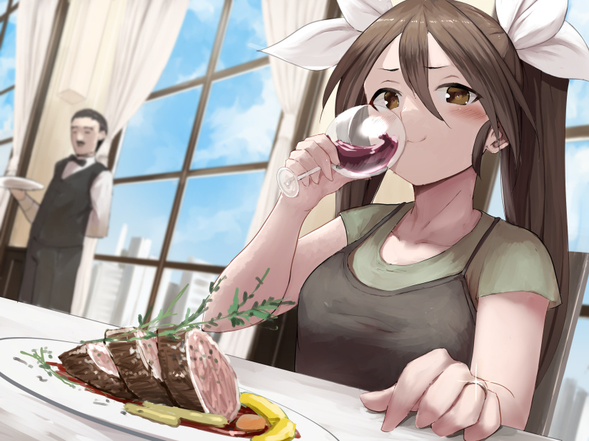 1boy 1girl alcohol alternate_costume blue_sky brown_eyes brown_hair casual clouds cup drinking drinking_glass dutch_angle food hair_between_eyes hair_ribbon highres honmakaina_kudou kantai_collection long_hair meat ribbon sky tone_(kancolle) twintails upper_body waiter window wine wine_glass