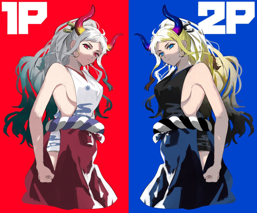 2girls akmn alternate_color alternate_hair_color arm_at_side bare_arms bare_shoulders blonde_hair blue_eyes blue_horns breasts brown_hair clenched_hand closed_mouth cropped_legs curled_horns dual_persona earrings green_hair grey_hair hair_ornament hair_stick hakama high_ponytail highres hip_vent horns japanese_clothes jewelry kimono long_hair looking_at_viewer multicolored_hair multicolored_horns multiple_girls one_piece oni purple_horns red_eyes red_horns rope serious shimenawa sideboob sleeveless sleeveless_kimono very_long_hair yamato_(one_piece) yellow_horns