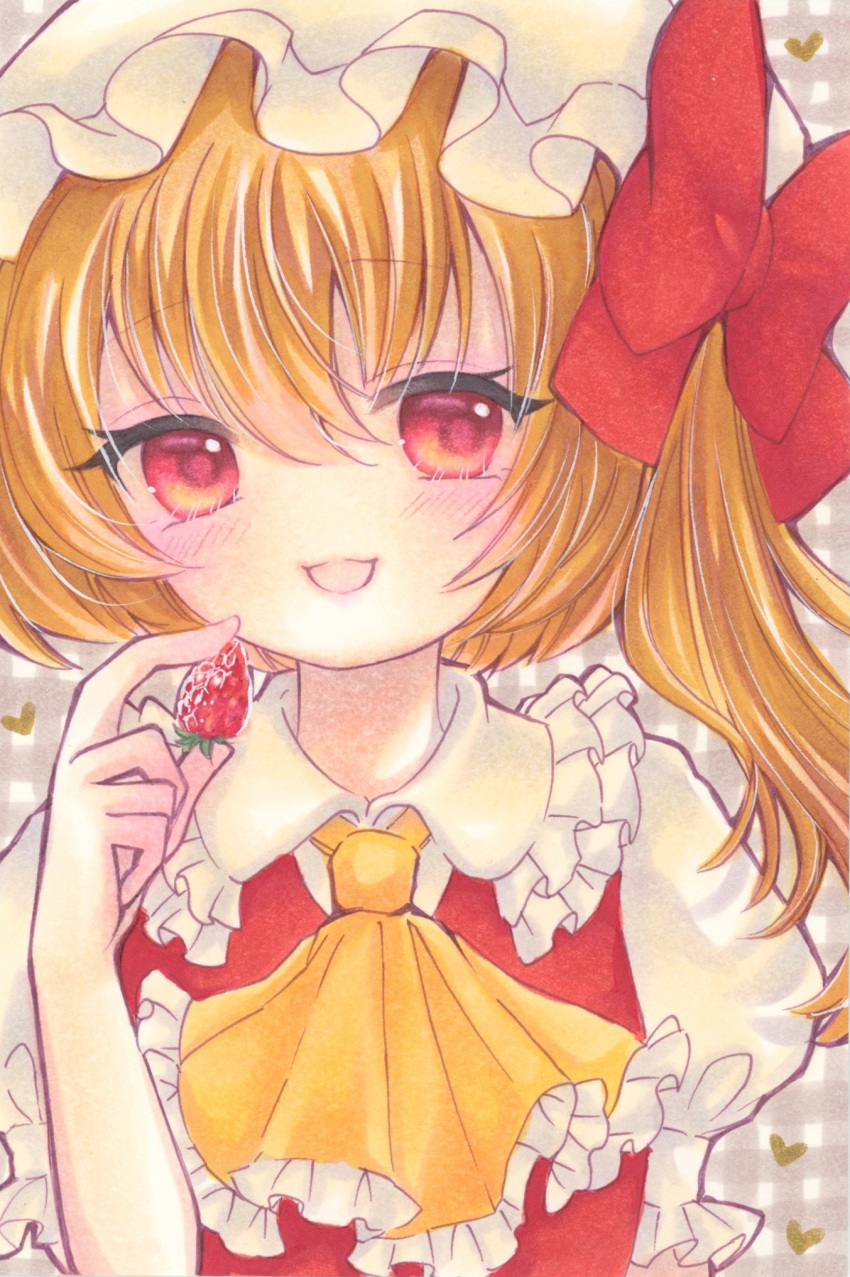 1girl alternate_hair_color ascot bangs berry blush bow brown_hair collared_shirt commentary_request dress eyebrows_visible_through_hair eyelashes eyes_visible_through_hair flandre_scarlet food frills fruit grey_background hair_between_eyes hair_bow hand_up hat heart highres light_brown_hair looking_to_the_side marker_(medium) mob_cap one_side_up open_mouth plaid plaid_background puffy_short_sleeves puffy_sleeves red_bow red_dress shirt short_sleeves smile solo strawberry touhou traditional_media upper_body white_background white_headwear white_shirt yellow_ascot yuuki_hana_(jtnp5334)
