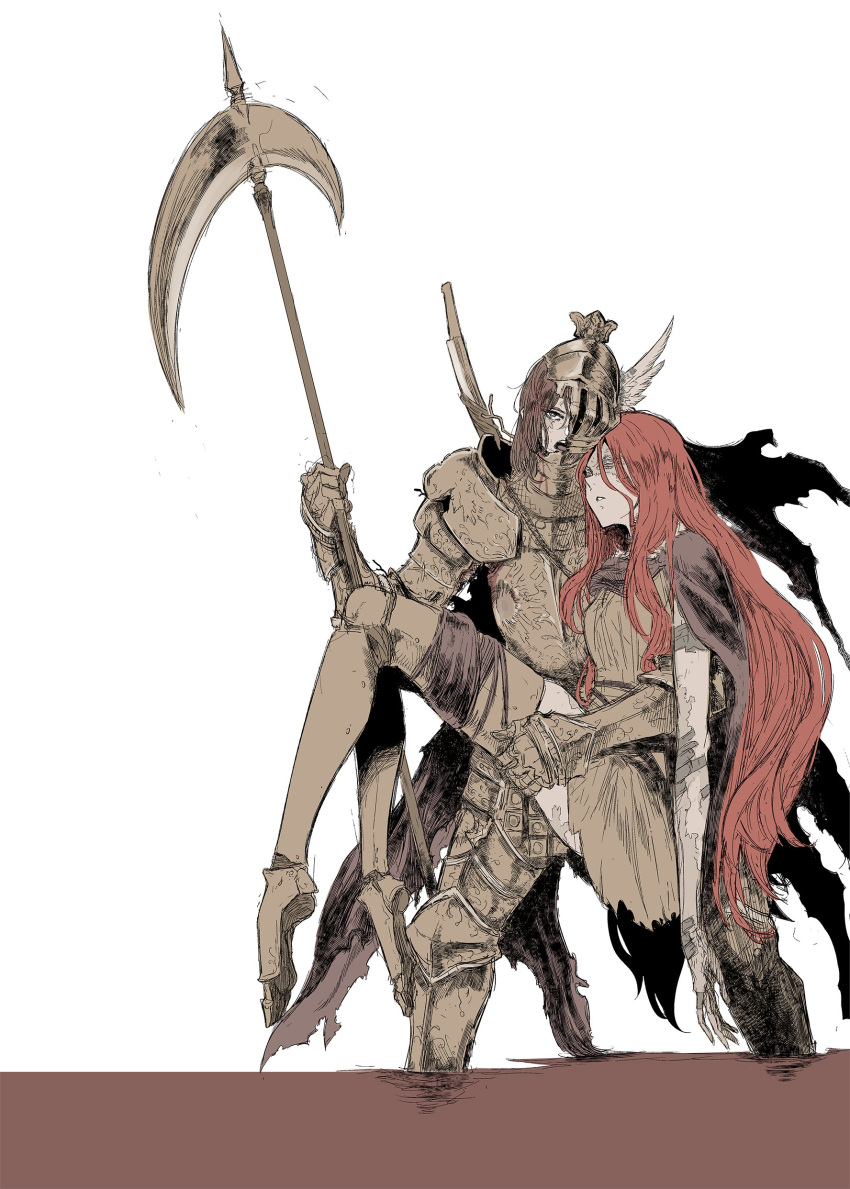 2girls absurdres armor breastplate carrying carrying_person cleanrot_knight cleanrot_knight_finlay dress elden_ring exhausted gauntlets grey_dress helmet highres holding holding_scythe long_hair malenia_blade_of_miquella multiple_girls open_mouth parted_lips princess_carry redhead scythe shindol simple_background very_long_hair wading white_background winged_helmet