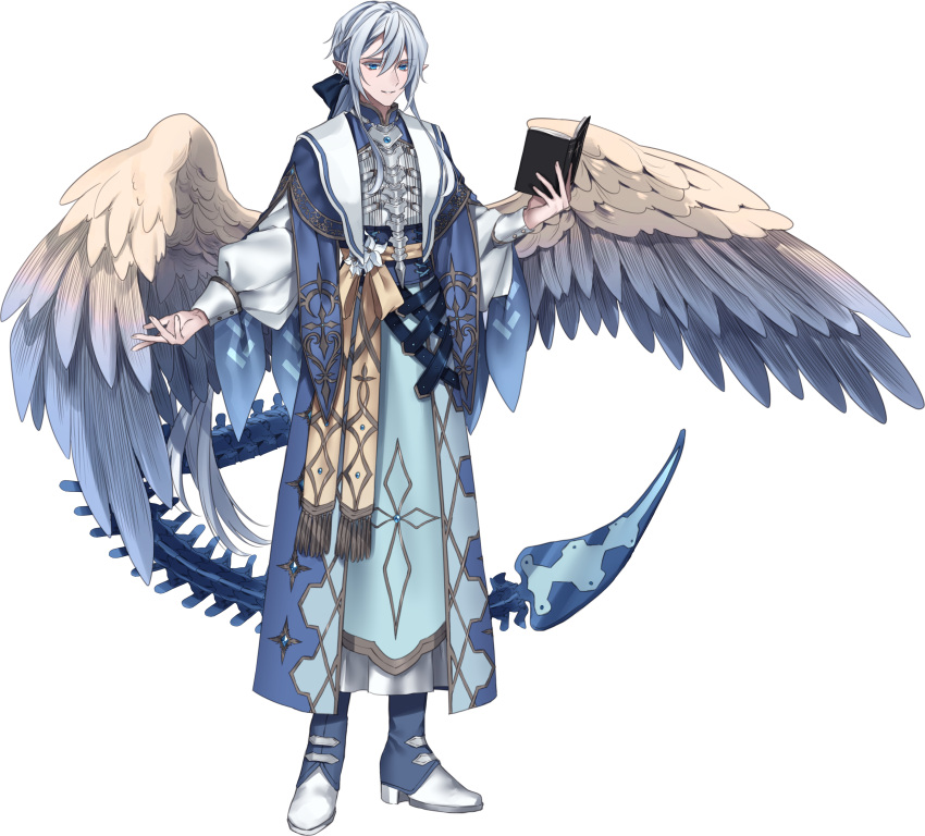 1boy absurdres aurorus blue_eyes book character_request check_character feathered_wings flower full_body grey_hair highres holding holding_book jewelry long_sleeves male_focus moe_(hamhamham) personification pointy_ears pokemon puffy_long_sleeves puffy_sleeves simple_background solo standing tail white_background white_flower wings