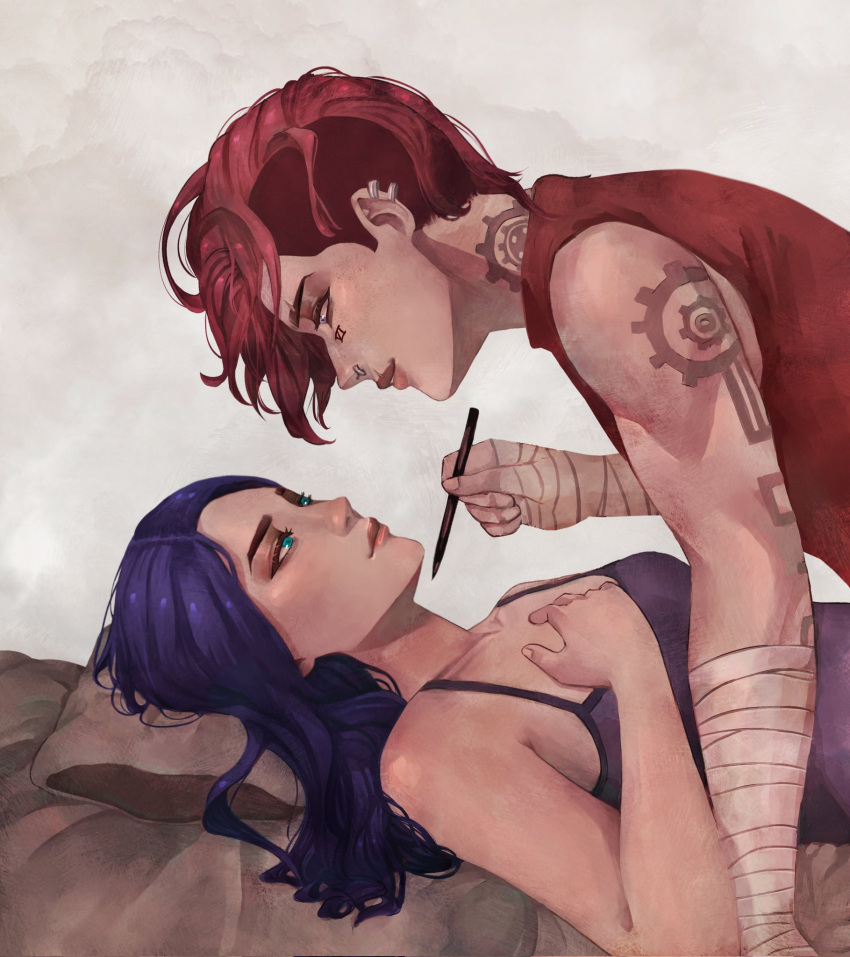 2girls aqua_eyes arcane:_league_of_legends arcane_caitlyn arcane_vi arm_tattoo bandages blue_eyes blue_hair caitlyn_(league_of_legends) clip_studio_paint_(medium) closed_mouth ear_piercing highres itsmeboopeey league_of_legends lying makeup multiple_girls neck_tattoo nose_piercing on_back parted_lips piercing pillow redhead short_hair tattoo vi_(league_of_legends) yuri