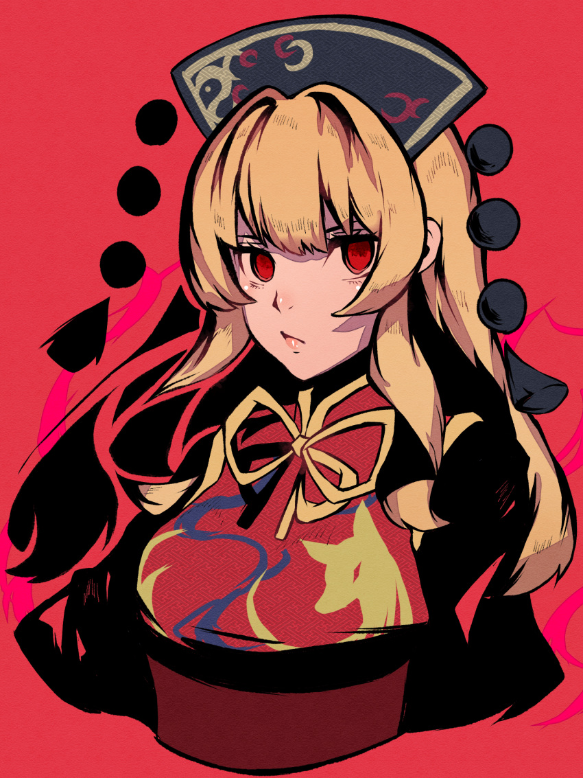 1girl :/ aojirozame1228 bangs black_dress blonde_hair breasts chinese_clothes crescent cropped_torso dress hat highres junko_(touhou) long_hair long_sleeves looking_at_viewer neck_ribbon red_background red_eyes ribbon simple_background solo tabard touhou upper_body wide_sleeves