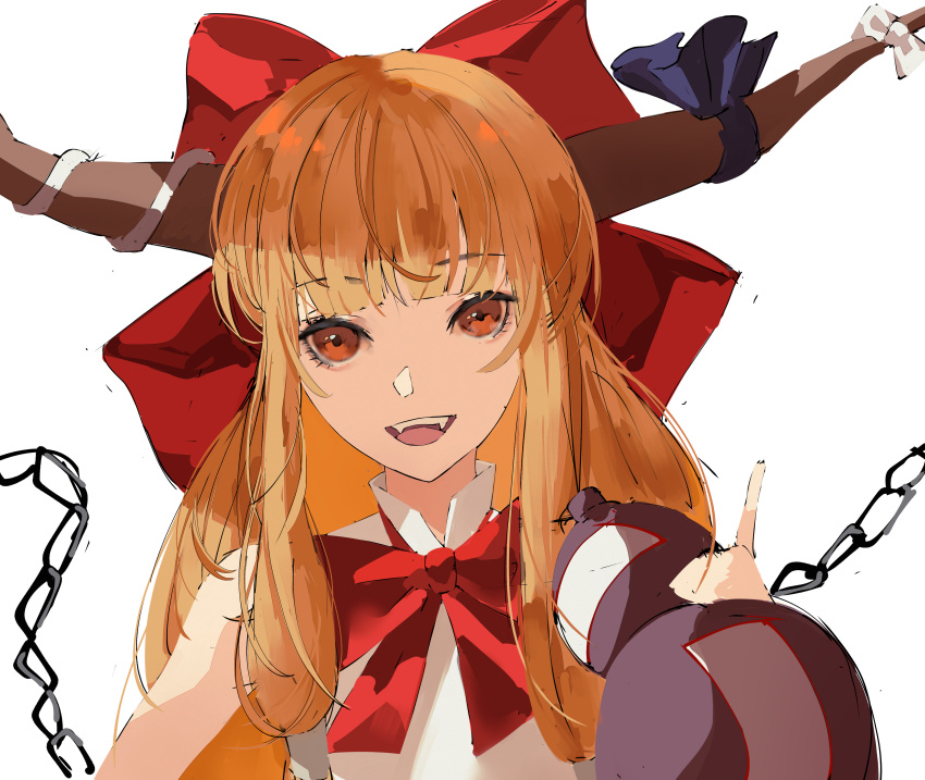 1girl :d absurdres bangs bow bowtie chain cuffs eyebrows_visible_through_hair fangs gourd hair_bow highres holding horn_ornament horn_ribbon horns ibuki_suika long_hair looking_at_viewer oni open_mouth orange_eyes orange_hair red_bow red_eyes ribbon shackles shirt sidelocks simple_background sinkoart sleeveless sleeveless_shirt smile solo touhou upper_body white_background white_shirt