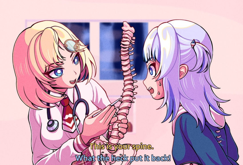 2girls blonde_hair blue_hair blue_hoodie breasts collared_shirt english_text gawr_gura grey_hair hair_ornament head_tilt hololive hololive_english hood hoodie medium_breasts meme monocle_hair_ornament multicolored_hair multiple_girls necktie open_mouth pun red_necktie shirt smile spine stethoscope streaked_hair subtitled surprised two_side_up virtual_youtuber watson_amelia white_shirt zetxune