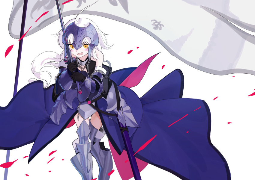 1girl absurdres ahoge armor armored_boots armored_dress banner bare_shoulders blush boots chain cosplay fate/grand_order fate_(series) feet_out_of_frame flag fur-trimmed_gloves fur_trim gauntlets gloves greaves headpiece highres holding holding_sword holding_weapon jeanne_d'arc_alter_(avenger)_(third_ascension)_(fate) jeanne_d'arc_alter_(avenger)_(third_ascension)_(fate)_(cosplay) jeanne_d'arc_alter_santa_lily_(fate) kaede_(shijie_heping) long_hair low_ponytail plackart sheath simple_background sketch solo sword tearing_up very_long_hair wavy_mouth weapon white_background white_hair yellow_eyes