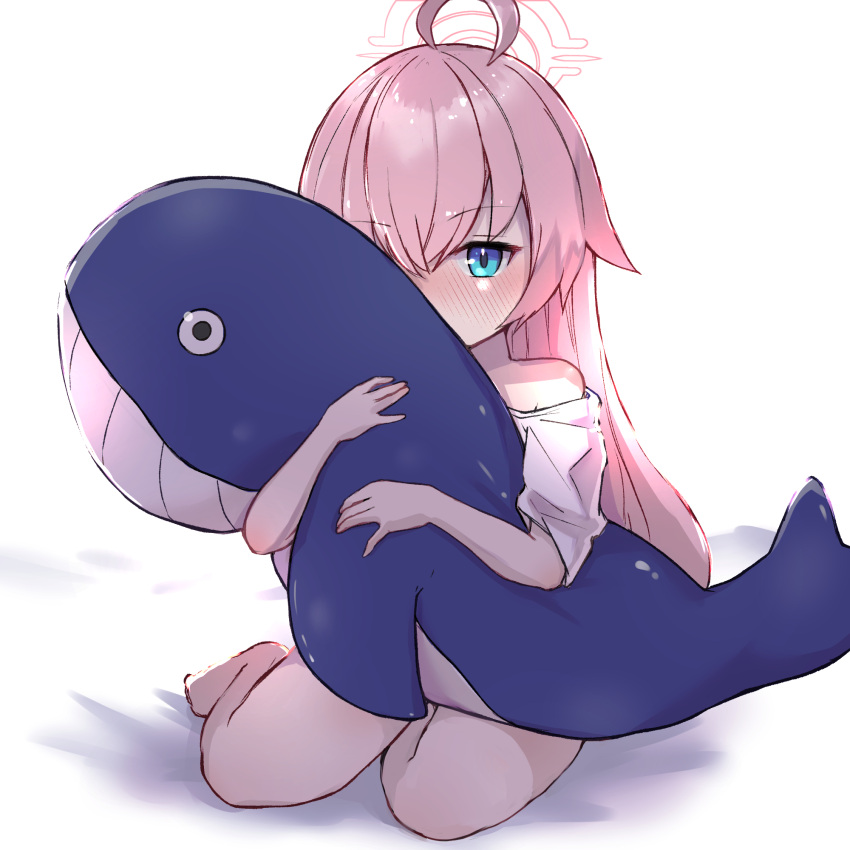 1girl ahoge bad_feet blue_archive blue_eyes blush halo highres holding holding_stuffed_toy hoshino_(blue_archive) long_hair pink_hair radicalfool shirt simple_background sitting solo stuffed_toy stuffed_whale white_shirt