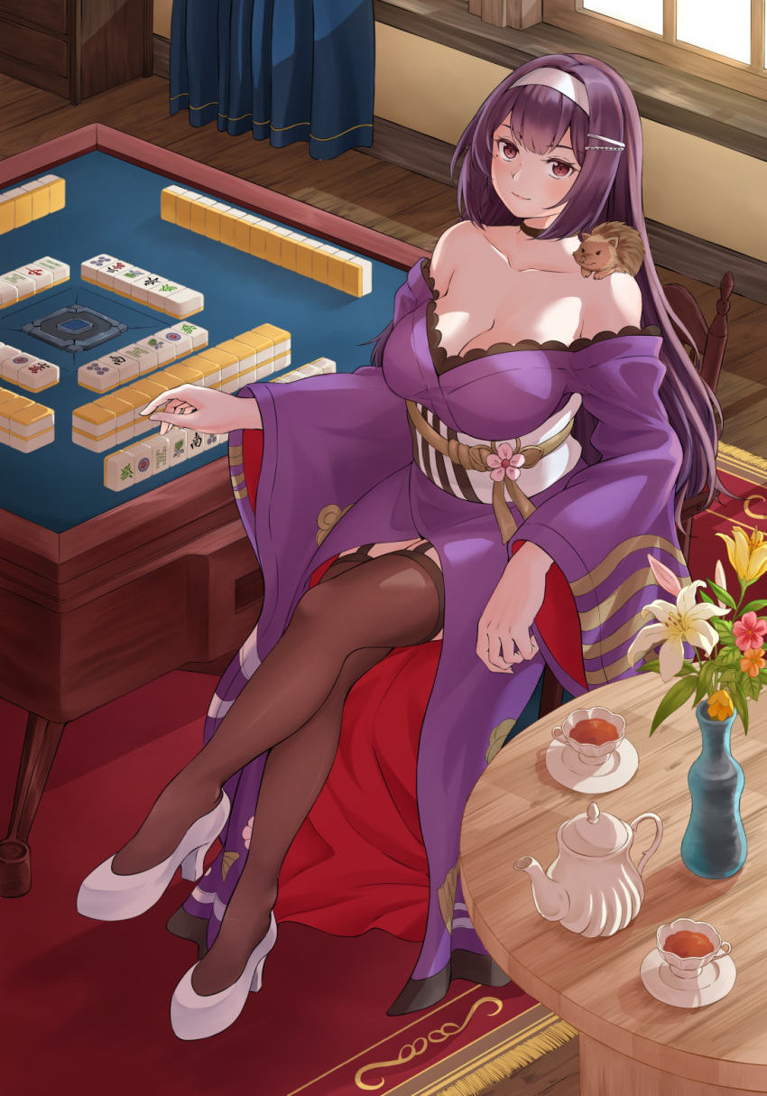 1girl animal_on_shoulder bangs breasts chain cup curtains flower from_above garter_straps hair_ornament hairband hairclip hedgehog high_heels highres japanese_clothes large_breasts lily_(flower) looking_at_viewer mahjong mahjong_soul mahjong_table mahjong_tile mole mole_under_eye nikaidou_miki pantyhose purple_hair rug sitting solo table tea teacup teapot thigh-highs umino_haruka_(harukaumino6) vase violet_eyes white_flower white_footwear window yostar
