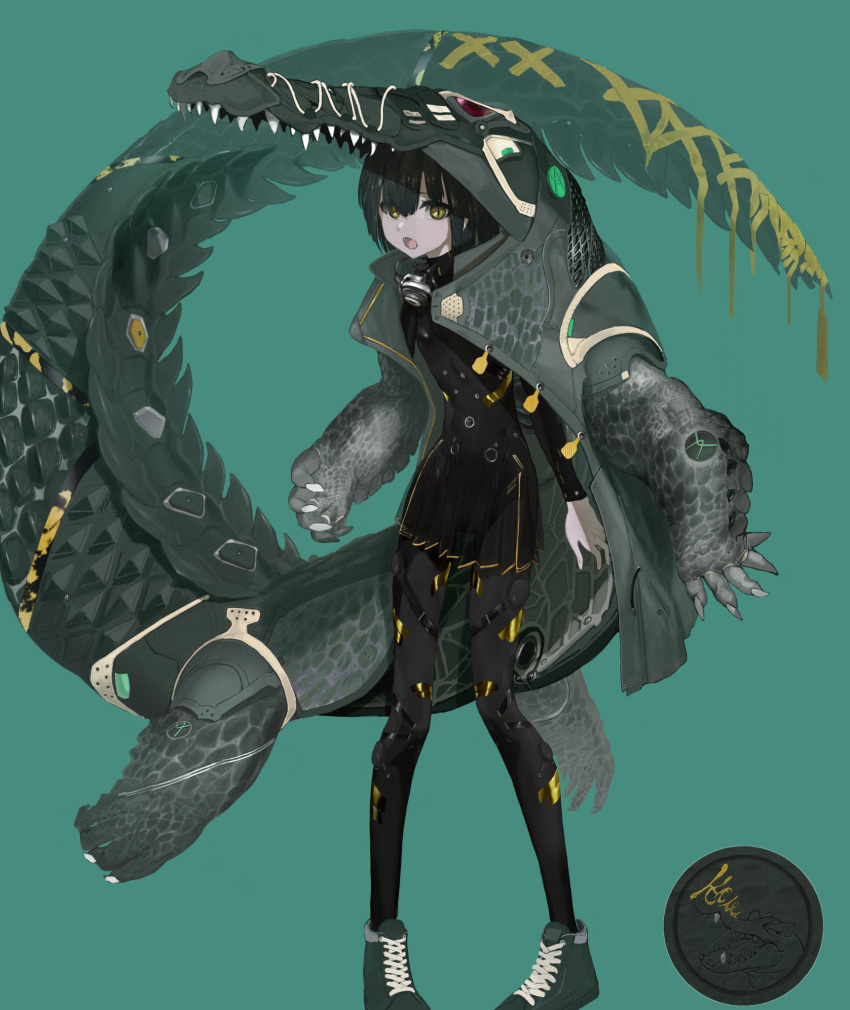 1girl bodysuit claws crocodilian crocodilian_tail diving_regulator diving_suit fangs full_body green_background green_footwear green_hair high_tops highres jacket jacket_on_shoulders jacket_partially_removed looking_at_viewer mecha original pleated_skirt scales scuba_gear shoes short_hair skirt slit_pupils sneakers solo spikes toriseka wetsuit yellow_eyes