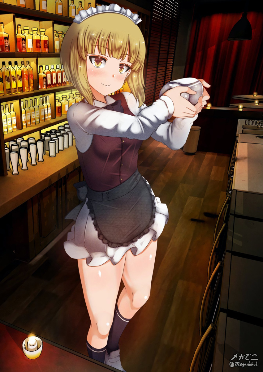 1girl aquaegg bartender black_bow black_bowtie blonde_hair blush bow bowtie breasts closed_mouth cutlass_(girls_und_panzer) eyebrows_visible_through_hair girls_und_panzer highres indoors looking_at_viewer maid_headdress microskirt pleated_skirt shiny shiny_hair shiny_skin short_hair skirt small_breasts smile solo white_skirt yellow_eyes