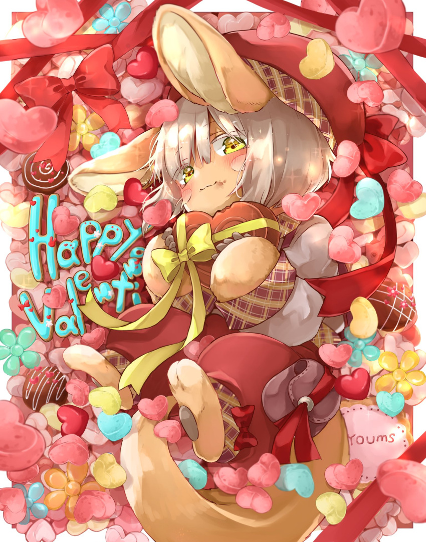 1other :3 ambiguous_gender animal_ears blush bow candy chocolate eating food furry happy_valentine heart heart-shaped_chocolate highres looking_at_viewer lying made_in_abyss mumu_yu_mu nanachi_(made_in_abyss) on_back other_focus rabbit_ears red_ribbon ribbon solo tail whiskers white_hair yellow_bow yellow_eyes yellow_ribbon
