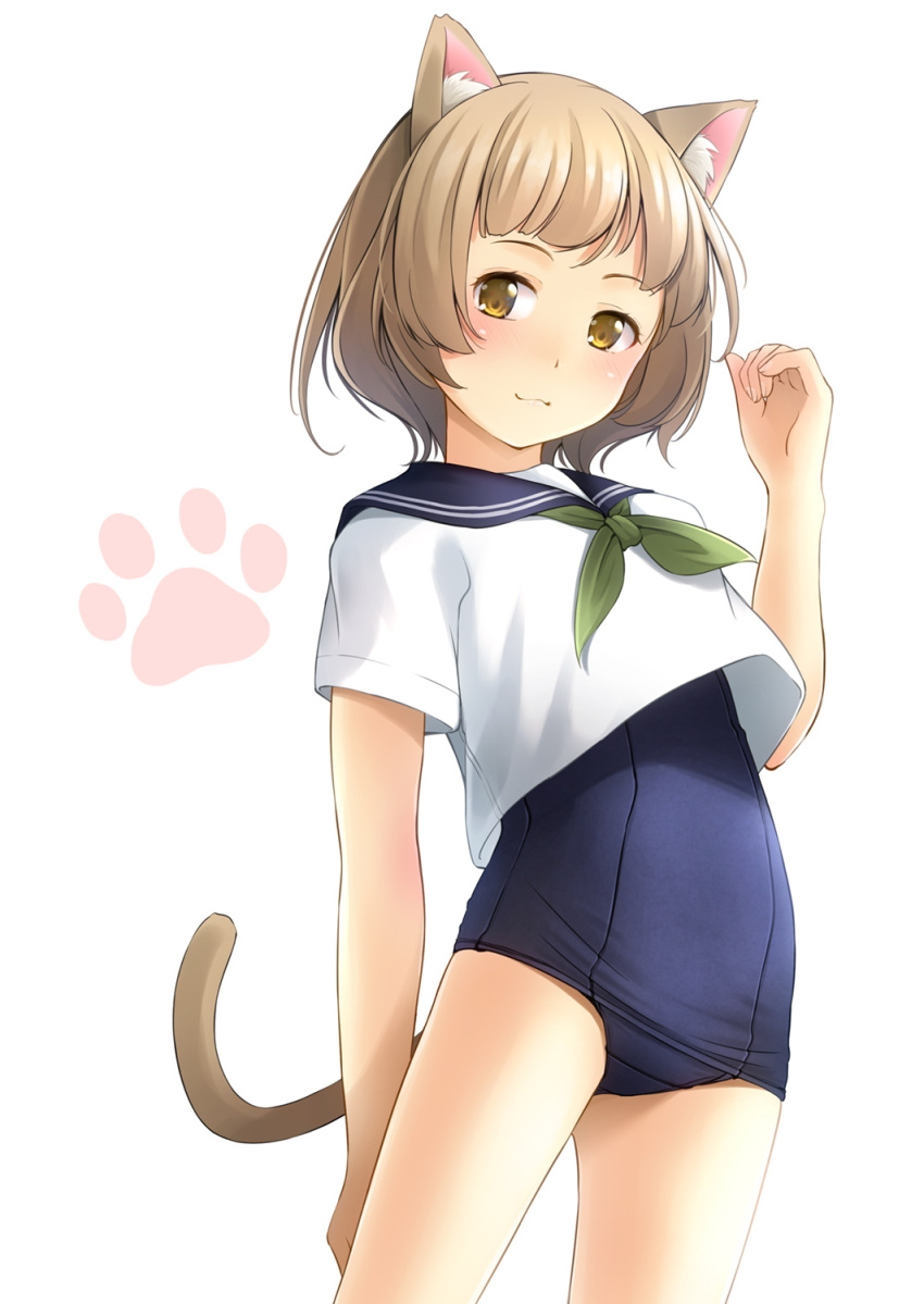 1girl animal_ears bangs blue_sailor_collar blue_swimsuit brown_eyes brown_hair cat_ears cat_girl cat_tail closed_mouth commentary_request green_neckerchief hand_up highres looking_at_viewer neckerchief old_school_swimsuit one-piece_swimsuit original sailor_collar school_swimsuit school_uniform serafuku shibacha shirt short_sleeves simple_background solo swimsuit swimsuit_under_clothes tail white_background white_shirt