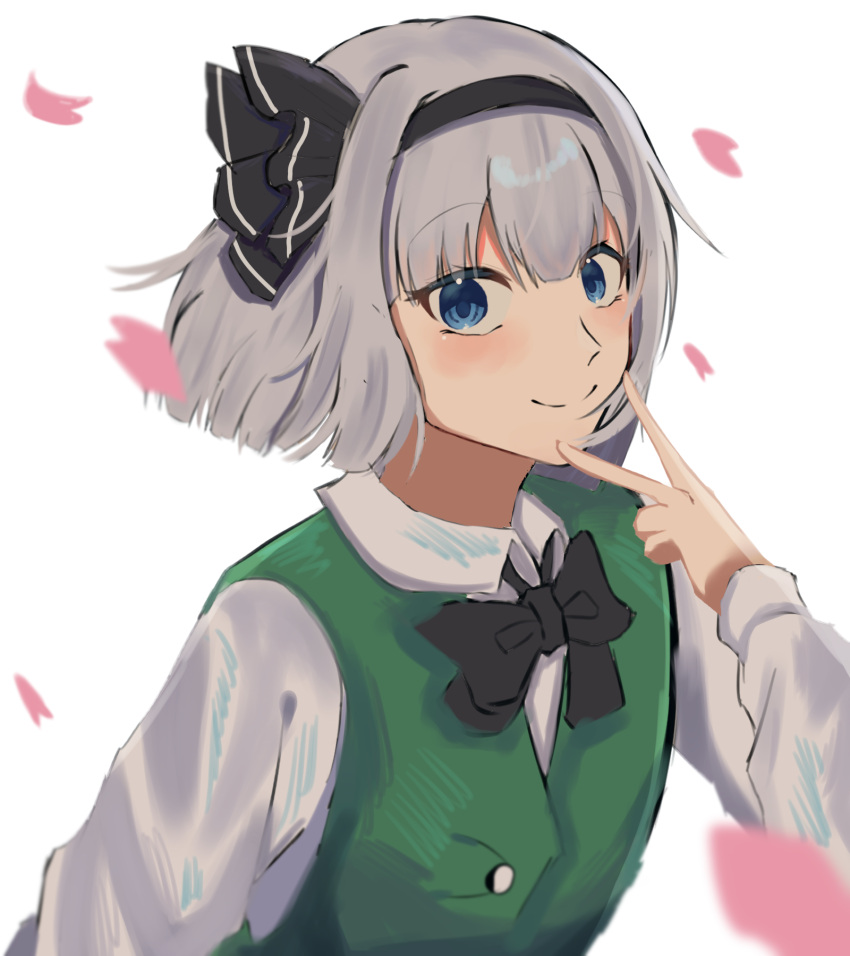 1girl bangs black_bow black_bowtie black_hairband black_ribbon blue_eyes blush bow bowtie buttons closed_mouth collared_shirt commentary_request dress eyebrows_visible_through_hair eyes_visible_through_hair green_dress grey_hair grey_shirt hair_between_eyes hairband hand_up highres konpaku_youmu long_sleeves looking_at_viewer one-hour_drawing_challenge petals puffy_long_sleeves puffy_sleeves ribbon shirt short_hair simple_background smile solo touhou upper_body v white_background