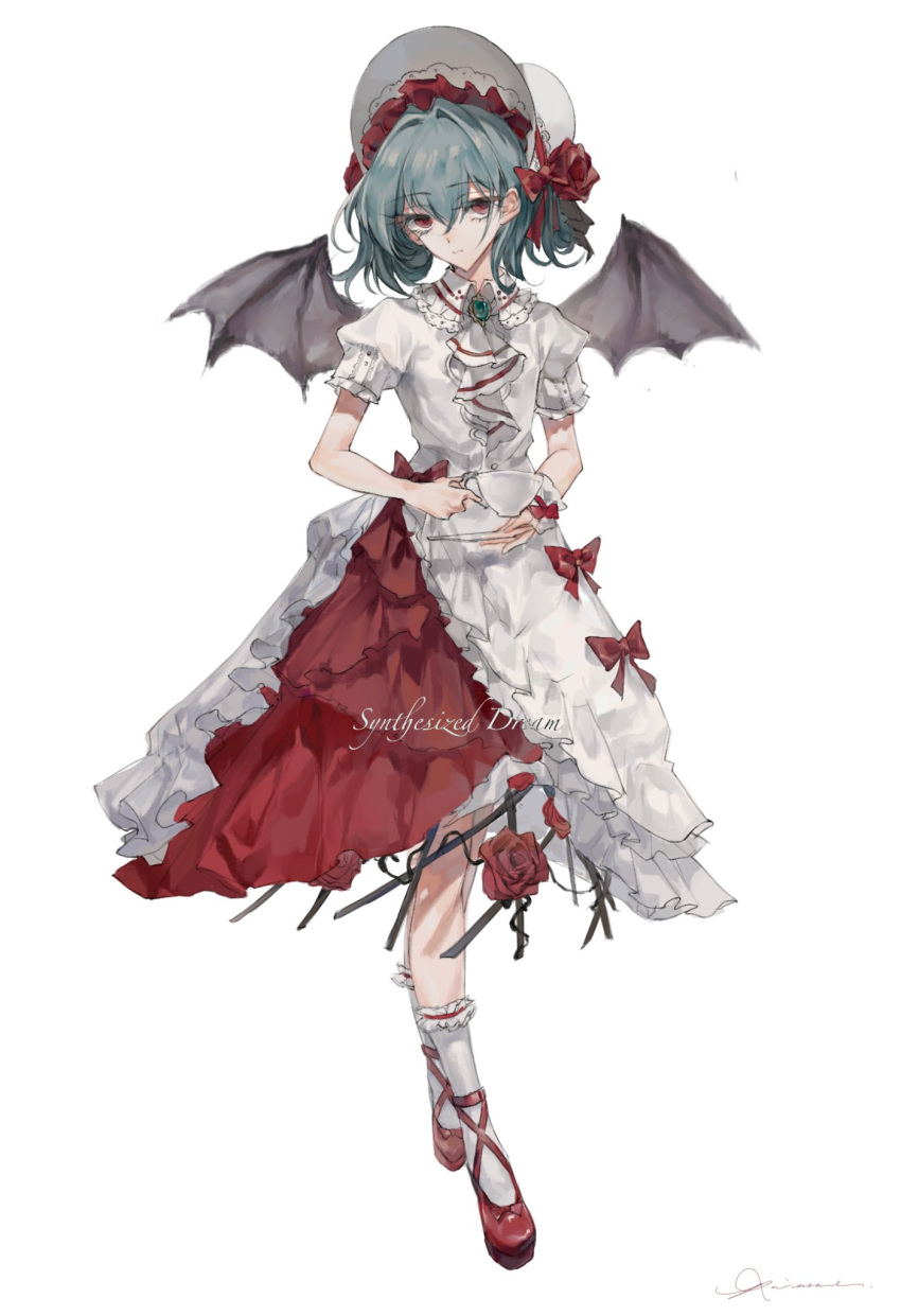 1girl bat_wings bow dress flower frills full_body hair_between_eyes hat hat_ribbon highres jewelry light_smile looking_at_viewer mob_cap puffy_short_sleeves puffy_sleeves raivarune red_eyes red_flower red_footwear red_ribbon remilia_scarlet ribbon rose sash shoes short_hair short_sleeves simple_background skirt solo standing touhou white_background white_legwear wings wrist_cuffs