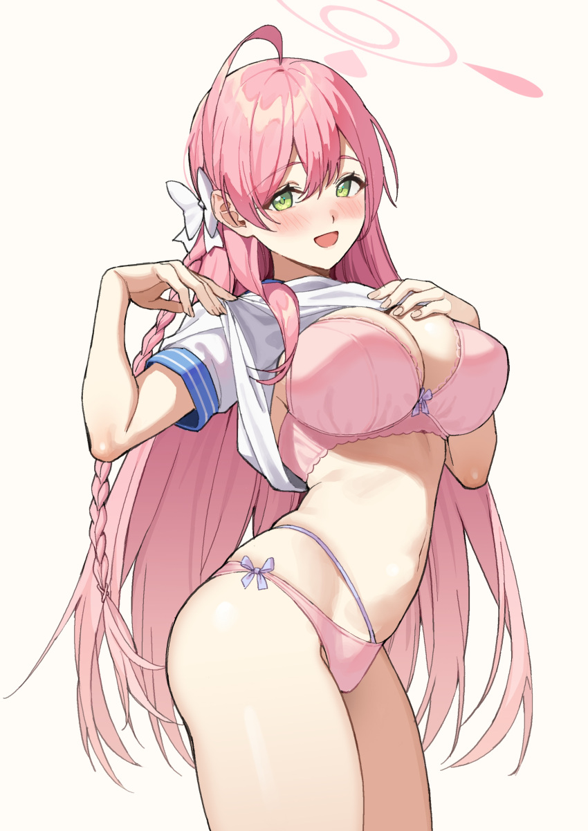 1girl absurdres ahoge bangs blue_archive blush bra braid breasts clothes_lift cowboy_shot eyebrows_visible_through_hair green_eyes hair_between_eyes halo hanako_(blue_archive) highres icarus_(632247131) large_breasts long_hair looking_at_viewer navel no_pants open_mouth panties pink_bra pink_hair pink_panties school_uniform serafuku shirt shirt_lift short_sleeves simple_background skindentation smile solo thighs underwear very_long_hair white_background