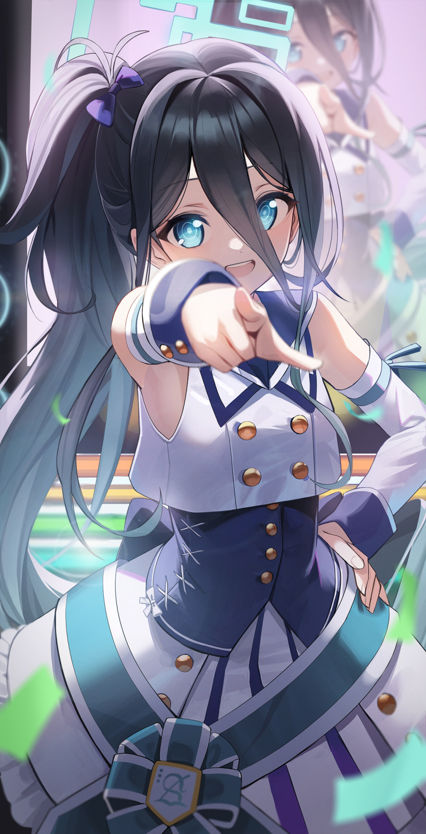 1girl arisu_(blue_archive) armpits bangs black_hair blue_archive blue_eyes breasts dancing detached_sleeves hair_between_eyes halo highres hutosutoro idol long_hair music open_mouth pleated_skirt pointing pointing_at_viewer ribbon sailor_collar side_ponytail singing skirt small_breasts solo stage very_long_hair
